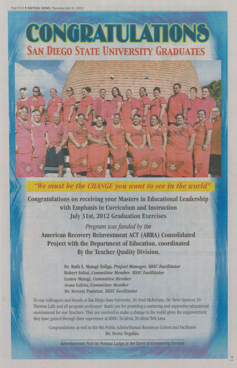 Samoa News paper article congratulating SDSU Master Degree Graduates, 7/31/2012