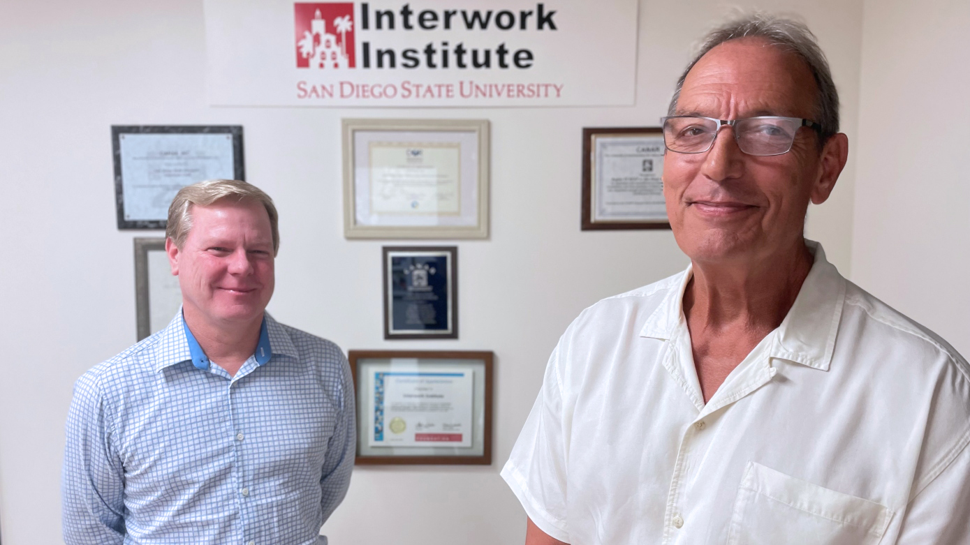 (From left) Mark Tucker and Chaz Compton at the Interwork Institute office in SDSU's Alvarado Road district.